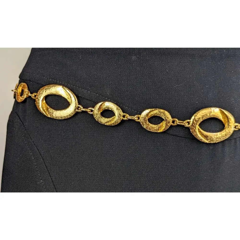 Vintage 90s Chain Belt Gold Tone Oval Links Textured Hammered Adjustable Glam